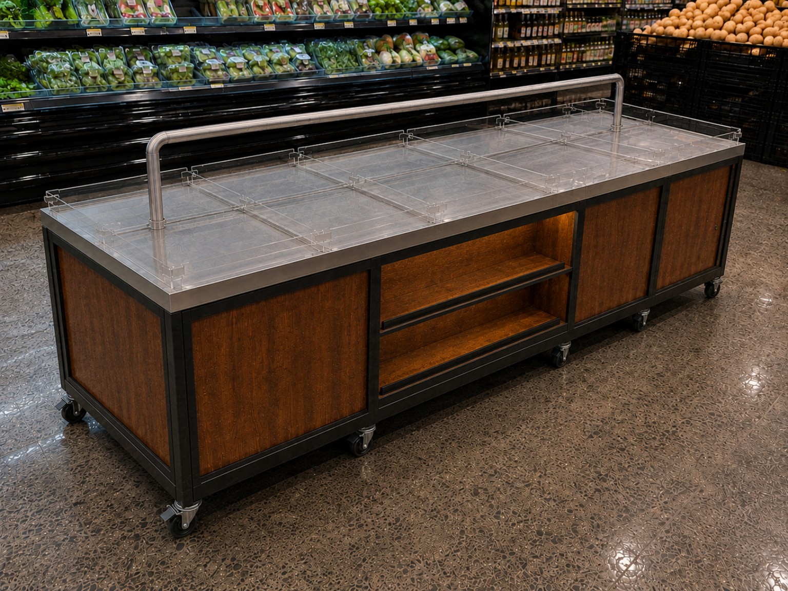 TAGI Fresh Display — Banca premium com área técnica integrada, nicho frontal e recursos de conservação para folhagens.